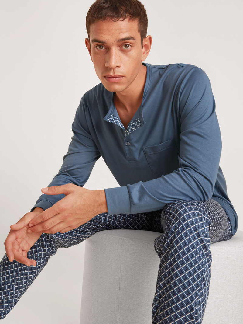 Vêtement De Nuit Calida Relax Superlight Pyjama With Cuff Indigo Homme | ECM-4844211