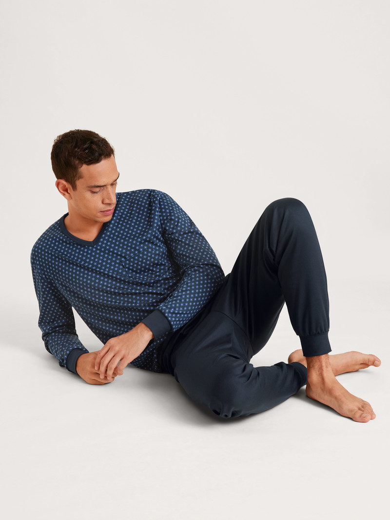 Vêtement De Nuit Calida Relax Swiss Edition Pyjama With Cuff Bleu Homme | UVF-3003633