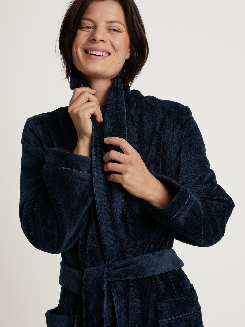 Bathrobes Calida Cosy Shower Bathrobe Noir Bleu Femme | FOR-0799774