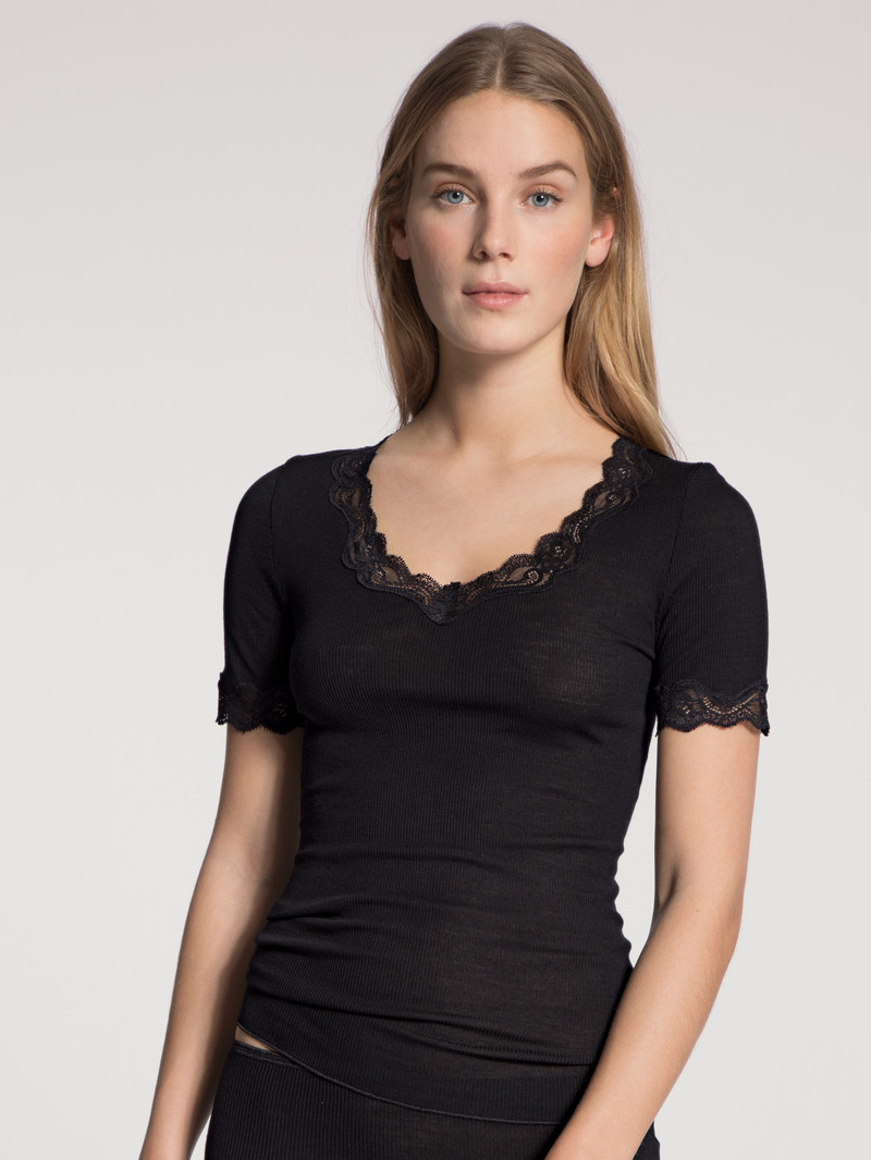 Loungewear Calida Richesse Lace Shirt Short Sleeve Ws Schwarz Femme | MAR-4872651