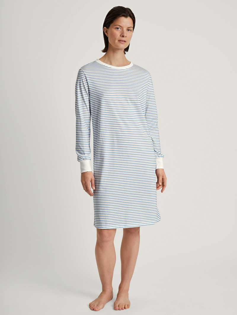 Vêtement De Nuit Calida Cotton Stripes Long-sleeved Nightdress, Length 100 Cm Endless Sky Femme | UWA-1692811