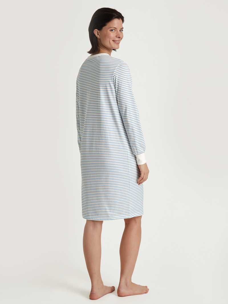 Vêtement De Nuit Calida Cotton Stripes Long-sleeved Nightdress, Length 100 Cm Endless Sky Femme | UWA-1692811