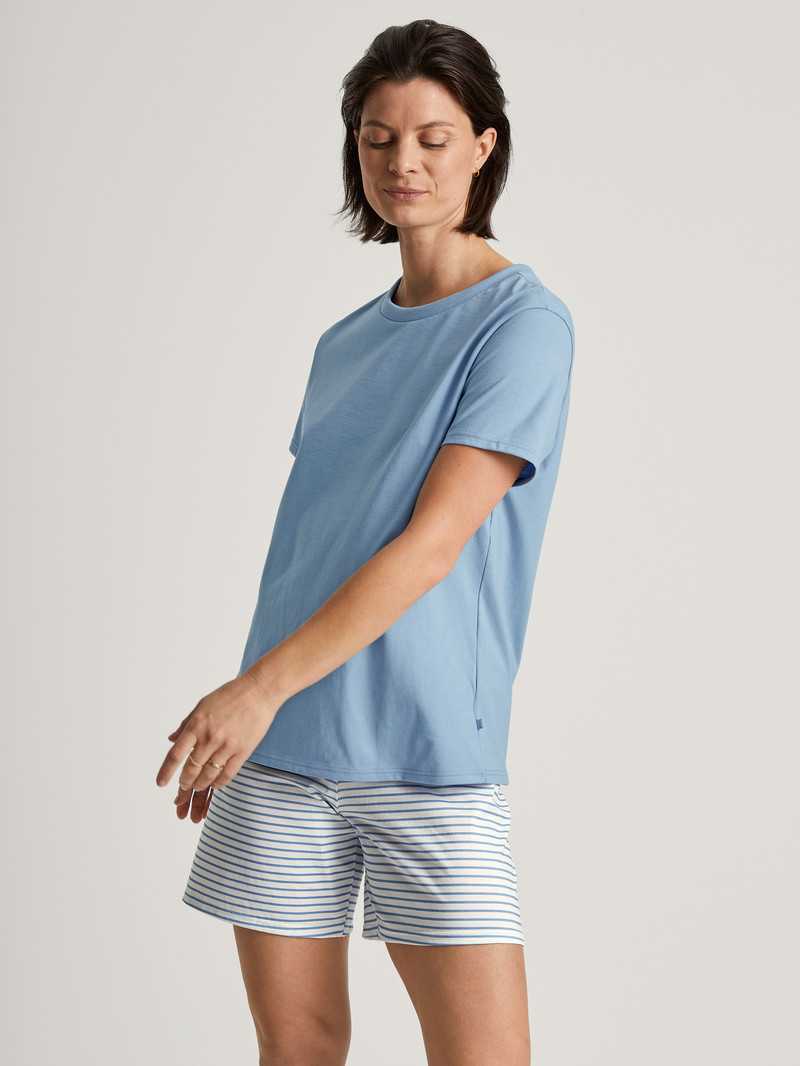 Vêtement De Nuit Calida Cotton Stripes Short Pyjama Endless Sky Femme | BWK-9985168