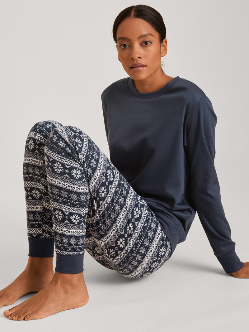 Vêtement De Nuit Calida Family & Friends Pyjama With Cuff Noir Bleu Femme | CZO-1782709