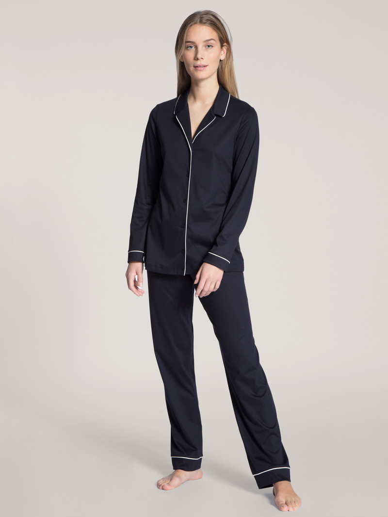 Vêtement De Nuit Calida Night Lovers Pyjama Buttoned Noir Bleu Femme | QFT-7929355