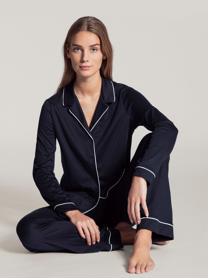 Vêtement De Nuit Calida Night Lovers Pyjama Buttoned Noir Bleu Femme | QFT-7929355