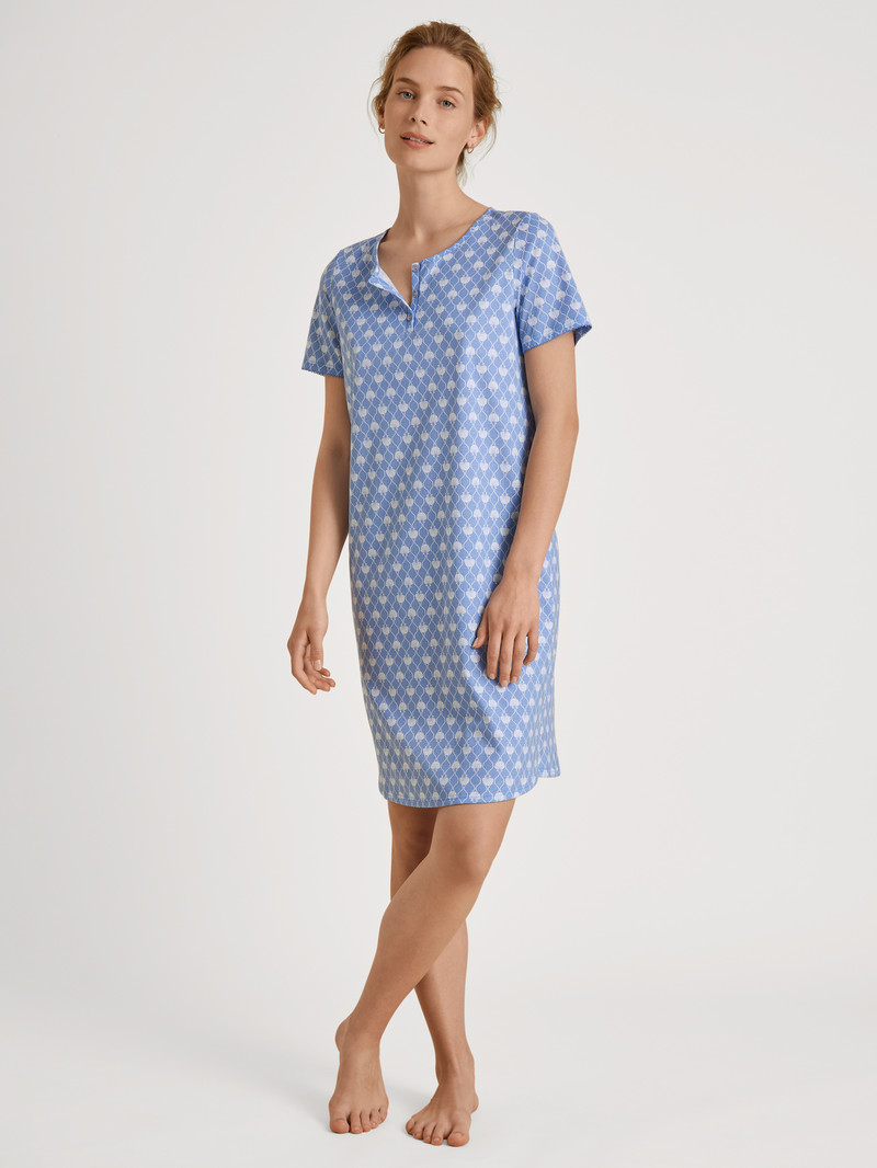 Vêtement De Nuit Calida Shell Nights Short Sleeve Nightdress, Length 95cm Bleu Femme | VEK-8811542