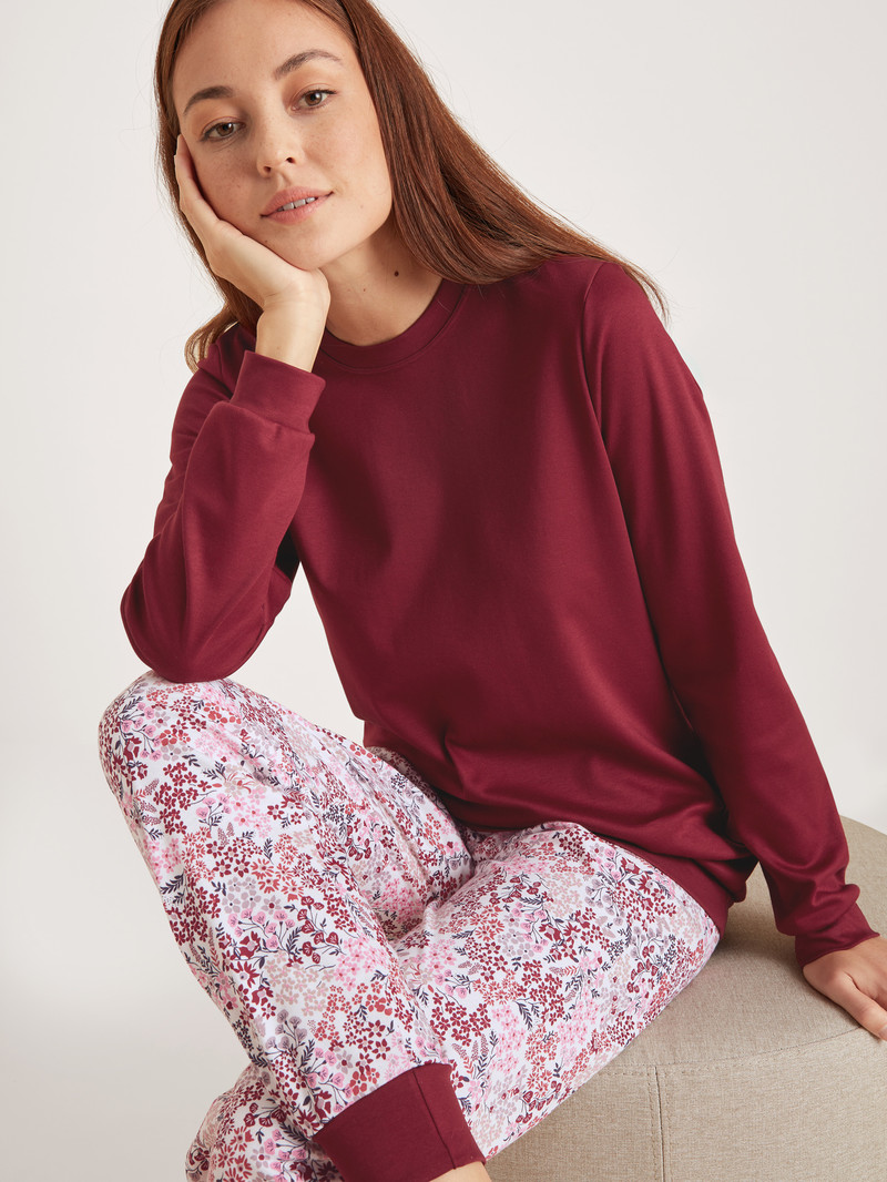 Vêtement De Nuit Calida Midnight Flowers Pyjama With Cuff Rouge Femme | UPG-7632111