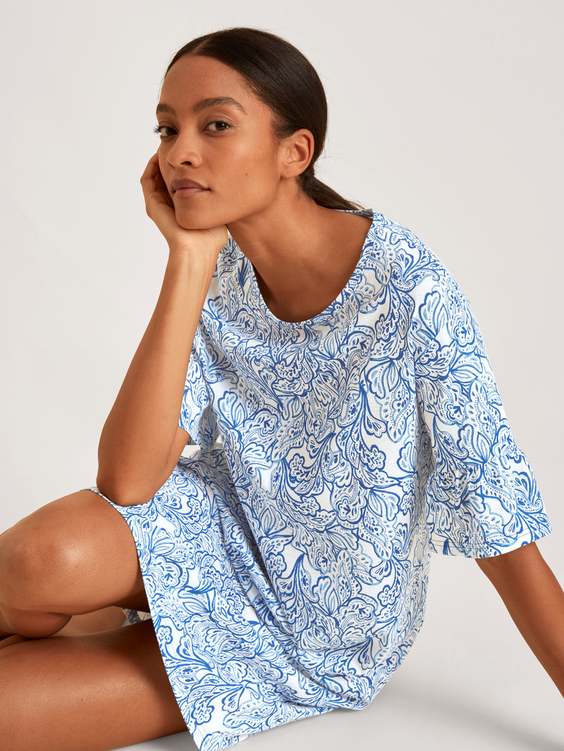 Vêtement De Nuit Calida Favourites Paisley Short Sleeve Nightdress, Length 90cm Bleu Femme | RMZ-3382345